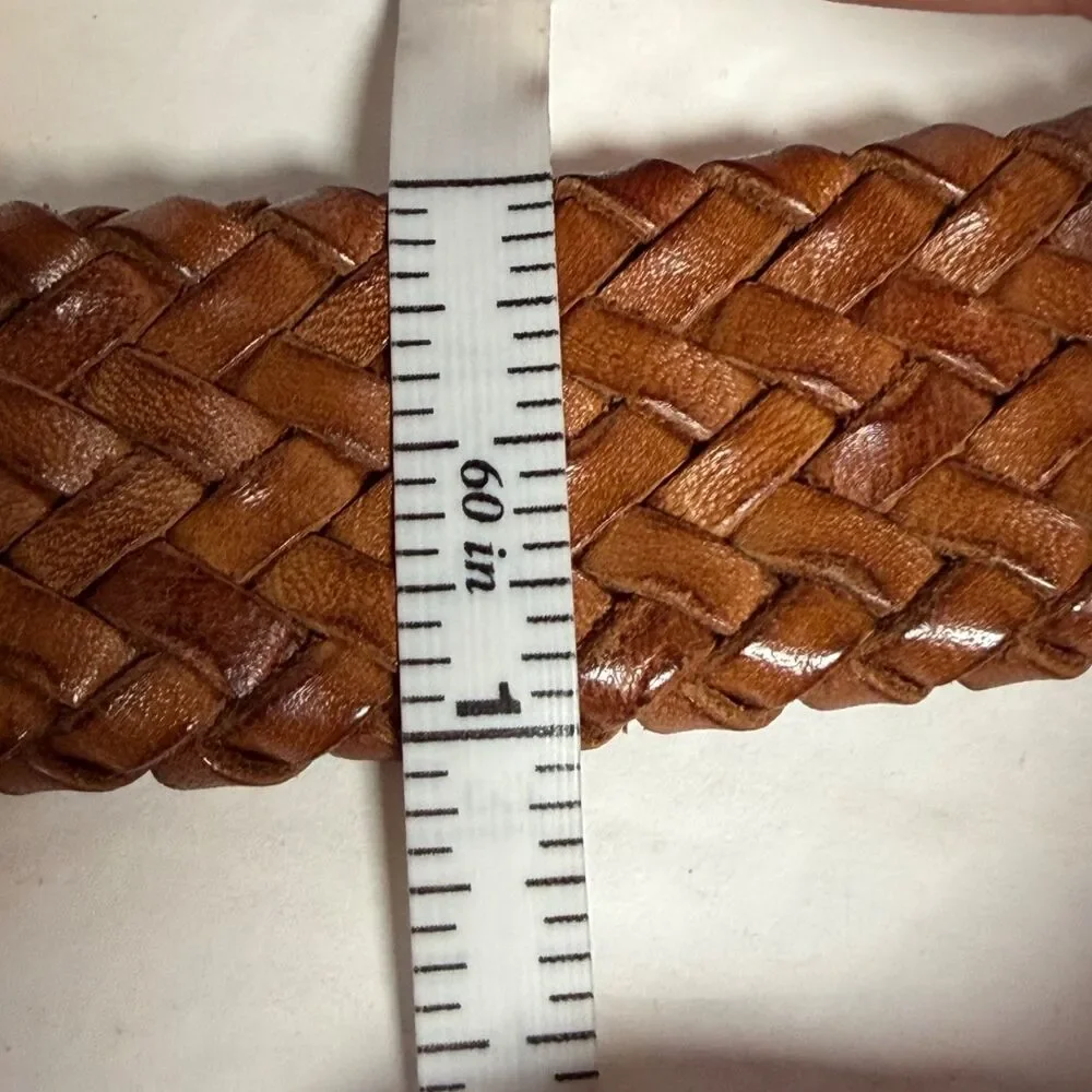 Coach 64459 Brown Braided Woven Leather Belt Size 34 Silver Tone Buckle 48